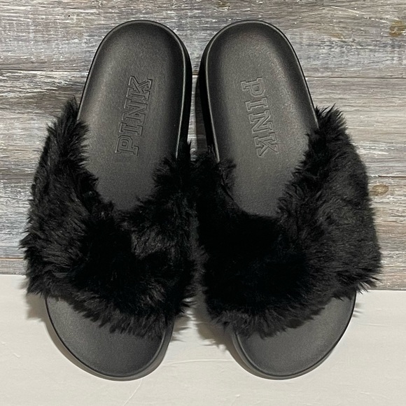 Pink Victoria’s Secret Black Fur Slides Sandals Slippers Size 7 / 8 - Picture 6 of 12